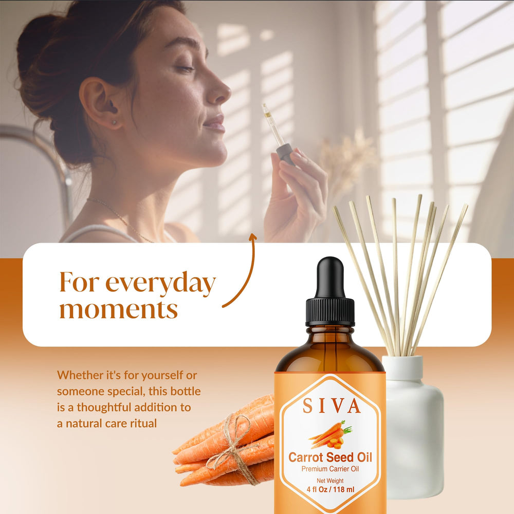 SIVA Carrot Seed Oil packaging closeup showing bottle and label