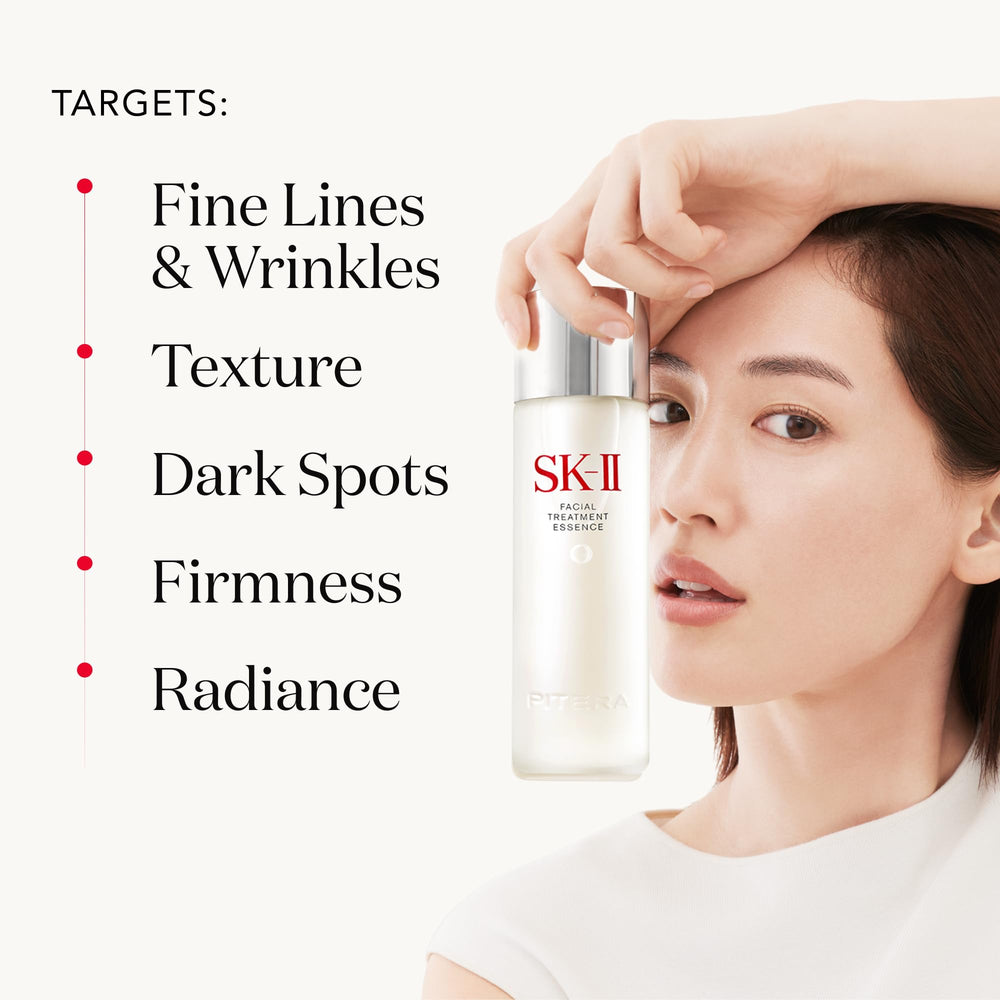 Visual of PITERA-rich SK-II essence bottle with subtle glow and premium packaging.