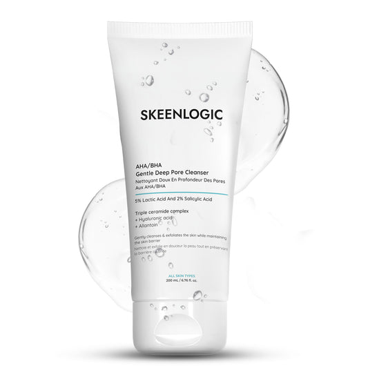 Skeenlogic bottle displaying the 2% salicylic acid and 5% lactic acid exfoliating formula.