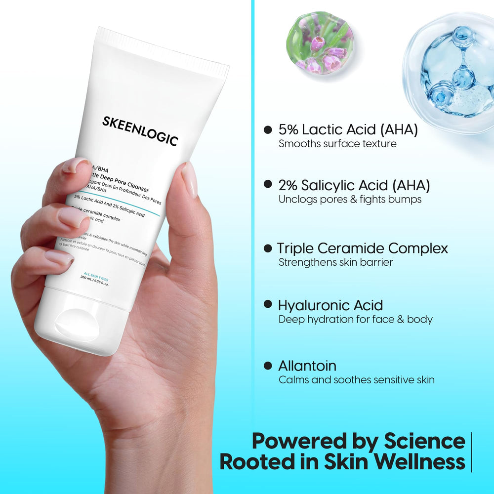 Skeenlogic ceramides and hyaluronic acid hydrate skin during exfoliation.