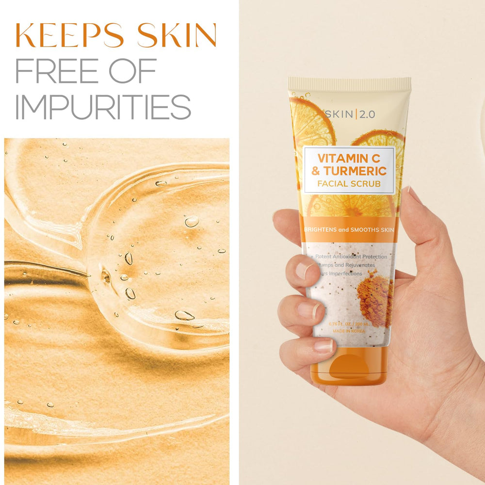 Skin 2.0 Vitamin C & Turmeric Scrub packaging on shelf for all skin types.