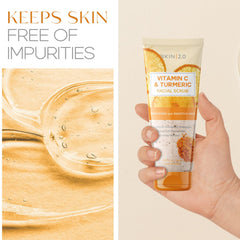 Skin 2.0 Vitamin C & Turmeric Scrub packaging on shelf for all skin types.