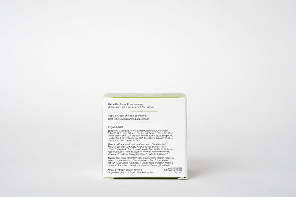 Jojoba and peppermint oils on E-Cream label for refreshing feel