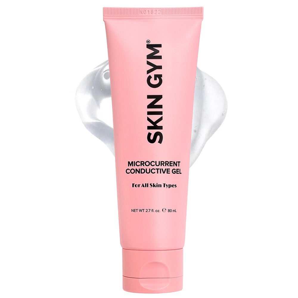 Skin Gym microcurrent gel bottle close-up, highlighting hydration and ease of use