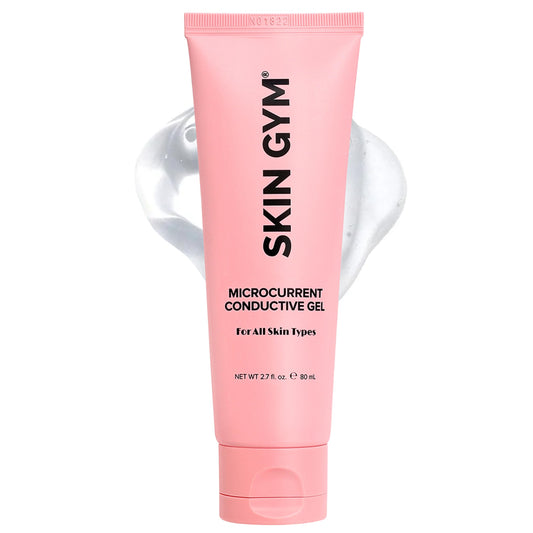 Skin Gym microcurrent gel bottle close-up, highlighting hydration and ease of use