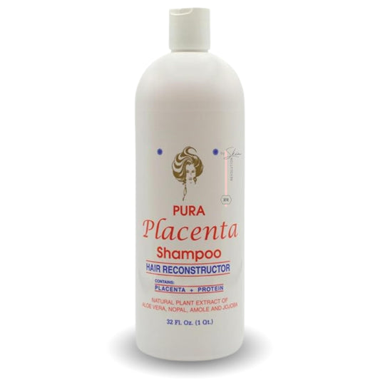 Skin Revolution Cabellina Pura Placenta Shampoo bottle front, highlighting reconstruction for damaged hair
