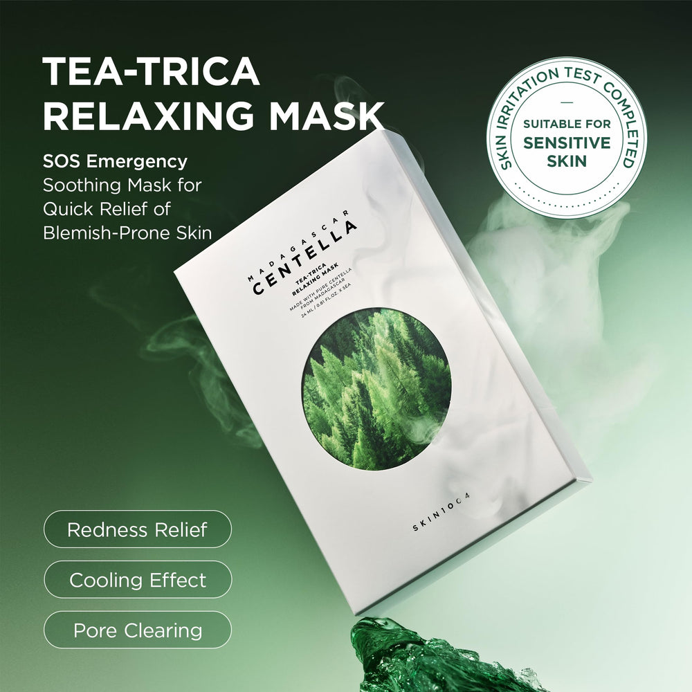 SKIN1004 Tea-Trica Relaxing Mask on-face closeup shows soothing self-care moment