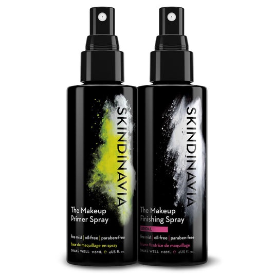 Skindinavia primer spray bottle close-up shows pore-minimizing, lightweight base prep.