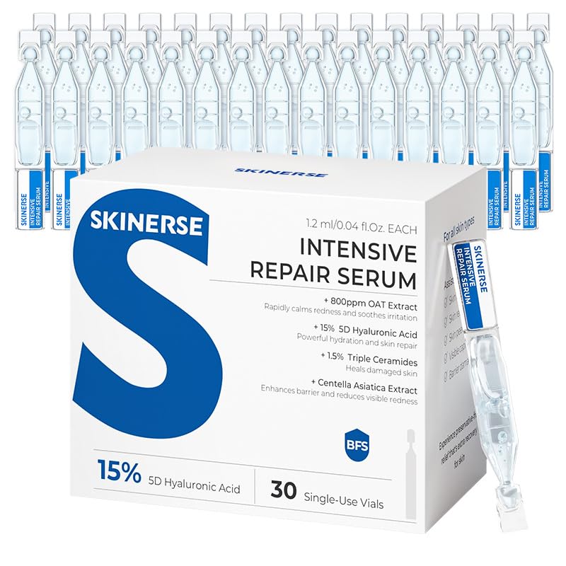 SKINERSE Intensive Repair Serum bottle closeup showing hydration for sensitive skin