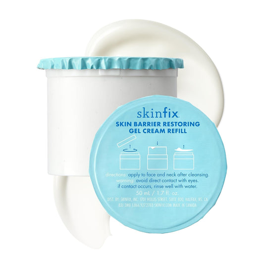 Skinfix Skin Barrier Restoring Gel Cream jar shows silky texture for hydration