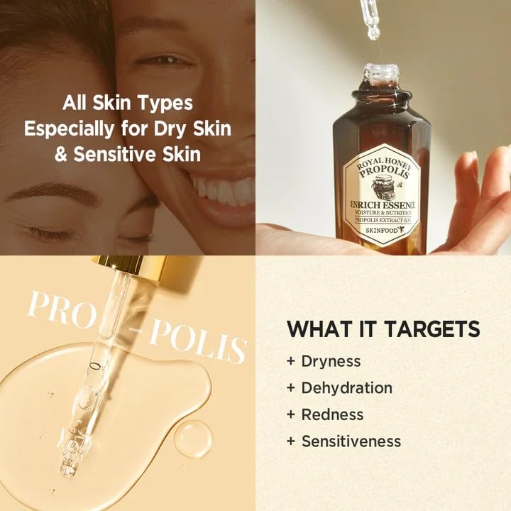 SKINFOOD 1957 Royal Honey Propolis Enrich Essence dropper release; smooth application and moisture.