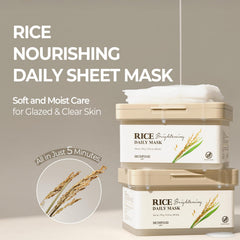 SKINFOOD Rice Daily Mask sheet applied to the cheek area for hydration.