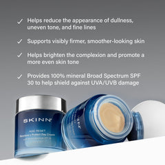 SKINN Age Reset SPF 30 packaging highlights mineral protection.