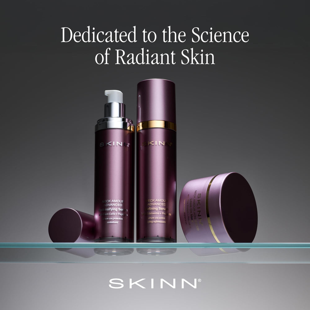 In-use close-up shows rich hydration on neck skin.