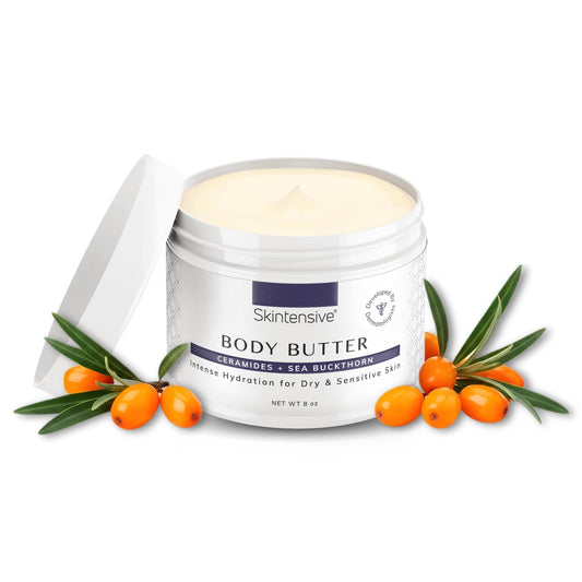 SKINTENSIVE body butter tub showing rich hydration for nourished skin.