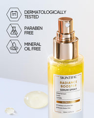 Label close-up of SKINTIFIC Radiance Booster Serum Spray highlighting vegan formula.