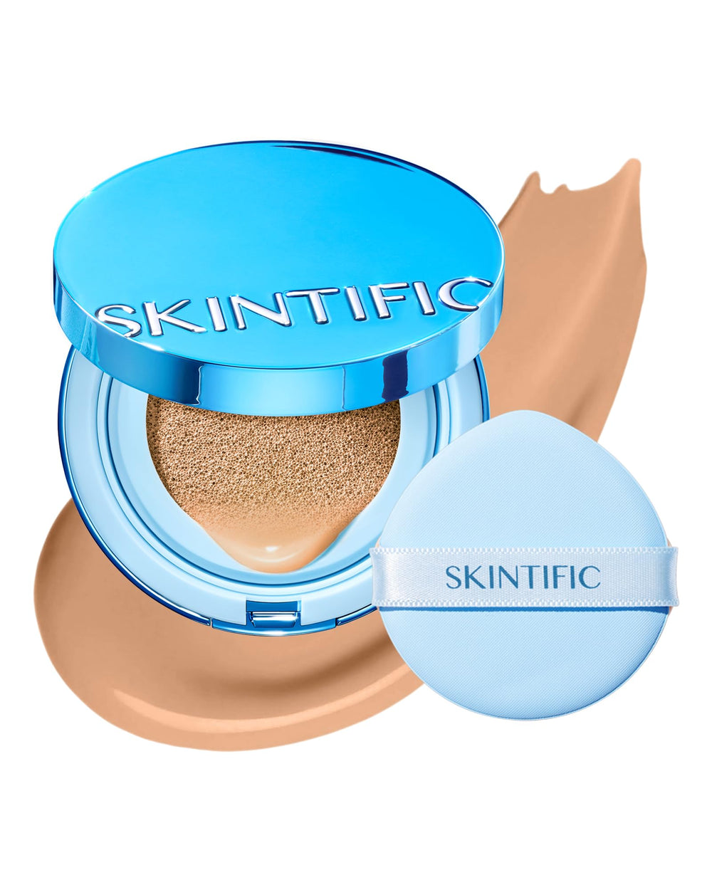 SKINTIFIC Velvet Matte Cushion Foundation bottle demonstrates full coverage and long wear