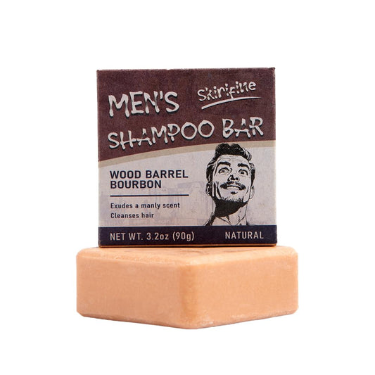 SKIRIFINE Shampoo Bar for Men with wood barrel bourbon scent for a distinctive masculine aroma.
