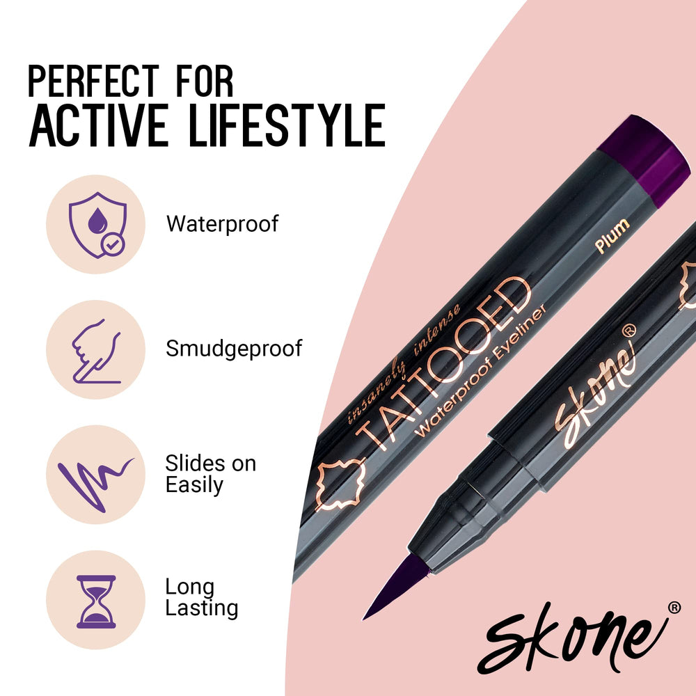 Winged eyeliner in progress with Skone tattooed eyeliner for a sharp cat eye.