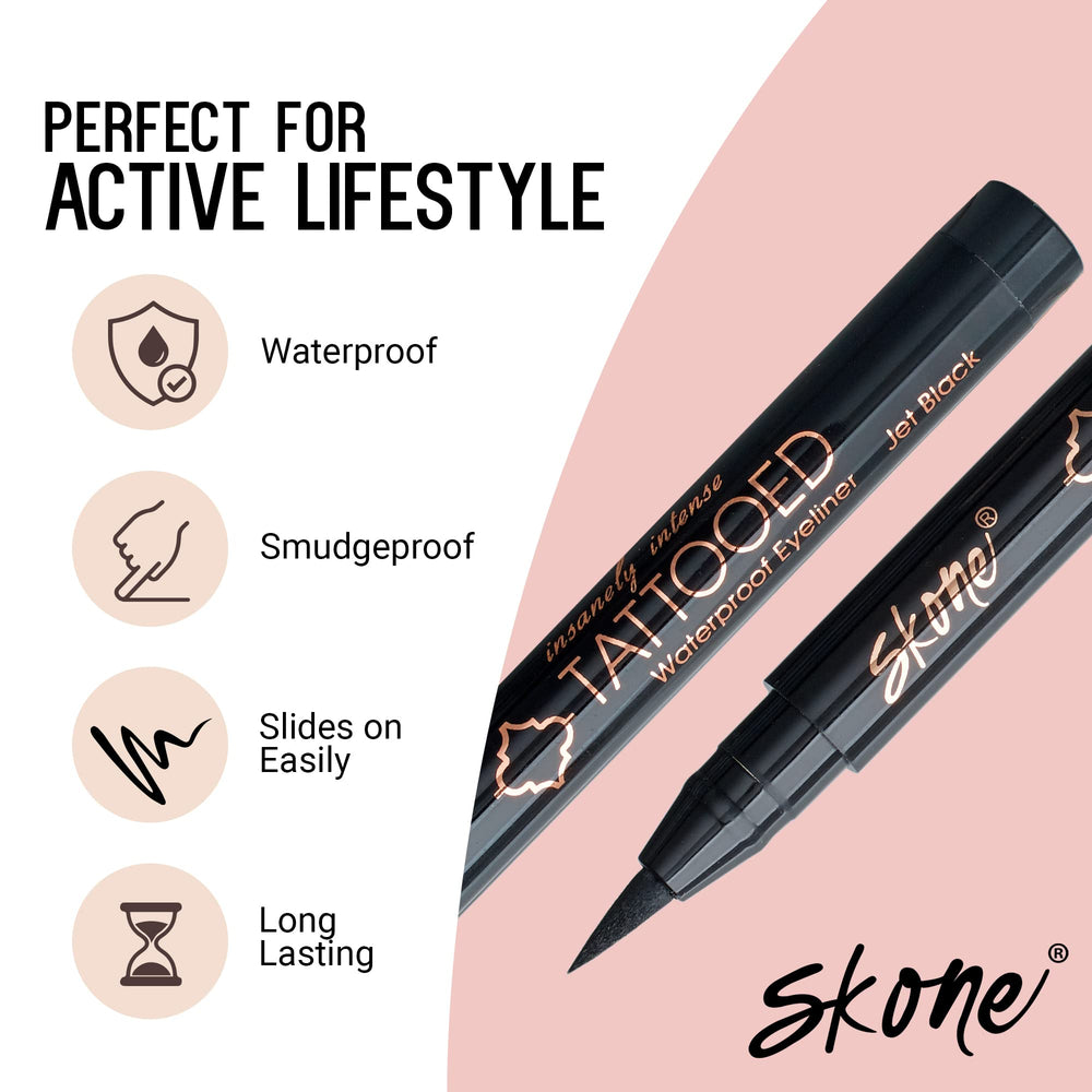 Skone intensely pigmented eyeliner for bold, tattoo-like definition.