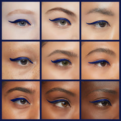 Skone navy eyeliner highlights sharp wing and defined eyes.