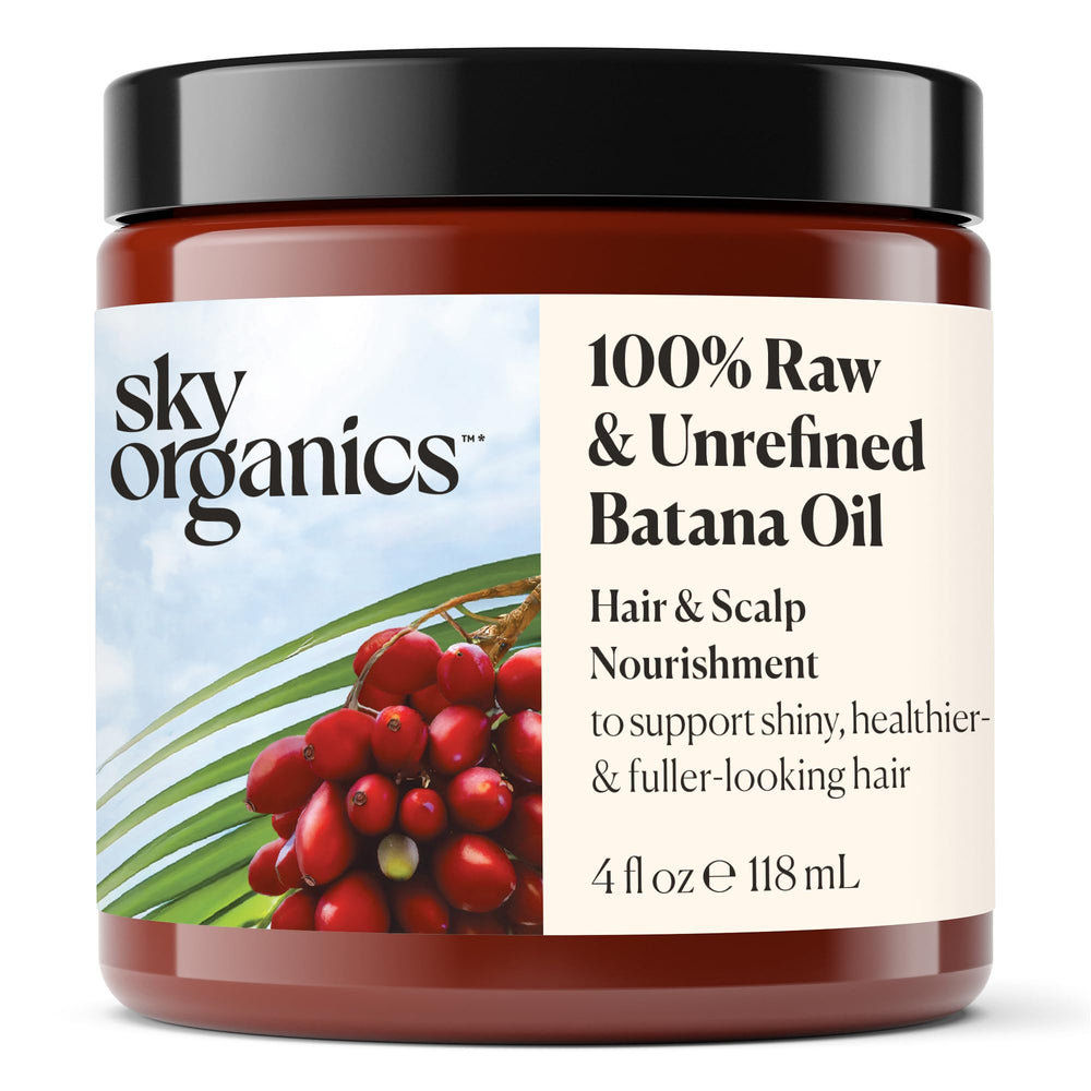 Sky Organics Batana Oil 4oz pour bottle ready for scalp massage and nourishment.