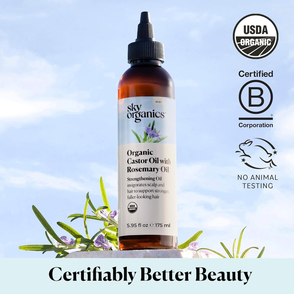 Sky Organics castor oil rosemary hexane-free label emphasizes clean formula