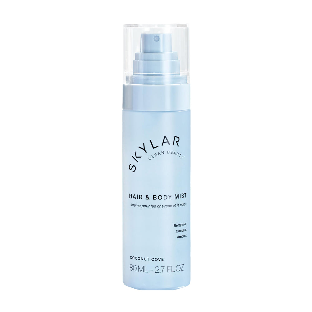 Skylar Coconut Cove bottle close-up, hypoallergenic mist for daily refresh.