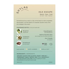 Skylar Isle Escape bottle close-up label shows vegan, hypoallergenic formula