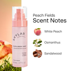 Skylar Peach Fields mist is shown being lightly applied to hair and skin.