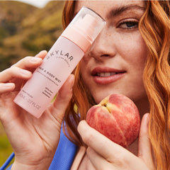 A fragrance notes graphic shows peach and sandalwood alongside Skylar Peach Fields.