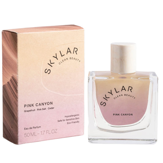 Skylar Pink Canyon bottle front view highlighting hypoallergenic perfume for sensitive skin.