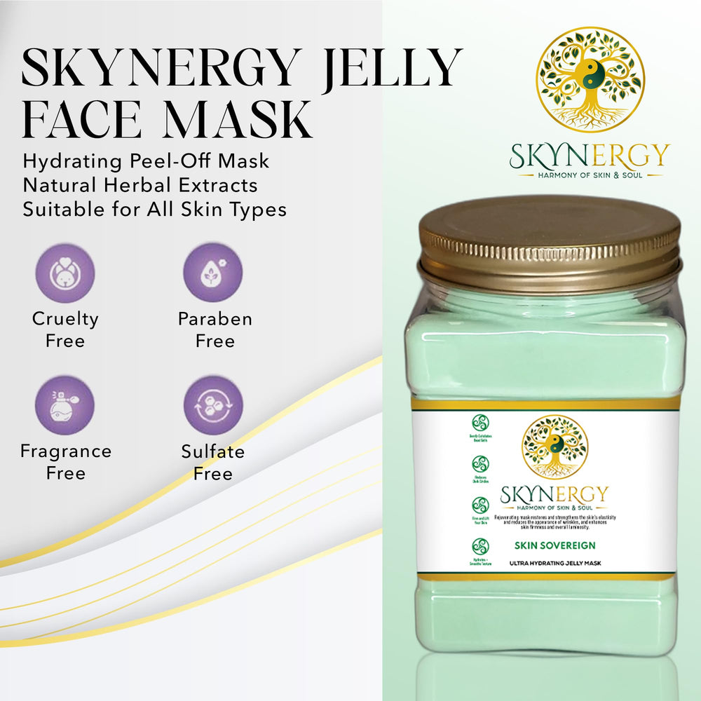 Skynergy Skin Sovereign jelly mask spread on skin for smoother texture.