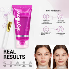 Skynflow collagen mask niacinamide image emphasizing even tone and barrier support.