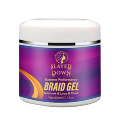 SLAYED DOWN Extreme Hold braid gel bottle delivering sleek, long-lasting style.