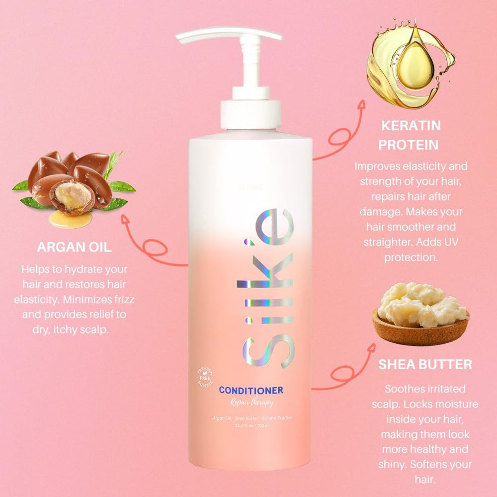 Sleek'e Silk'e Repair Therapy Conditioner being applied to hair for smoother strands.