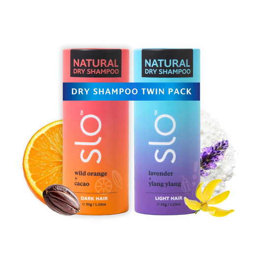 Slo dark hair dry shampoo powder in a 2-pack tube refreshing oily roots