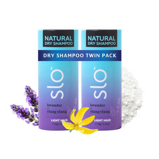 Slo lavender-ylang-ylang dry shampoo powder refreshing oily roots.