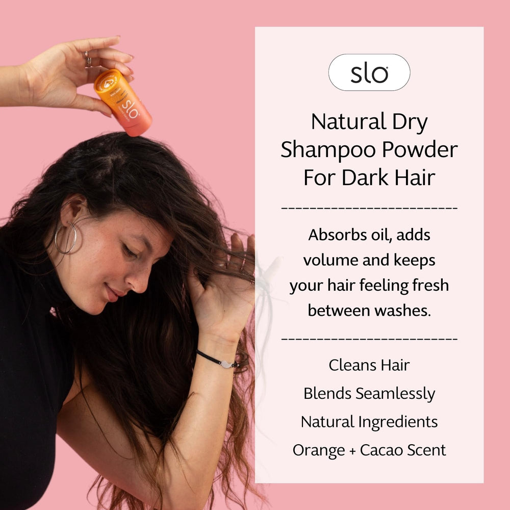 Slo dry shampoo being shaken onto roots for quick refresh between washes.