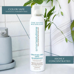 SMART SOLUTIONS On-The-Go Dry Shampoo dispensing action showing oil absorption and volume boost