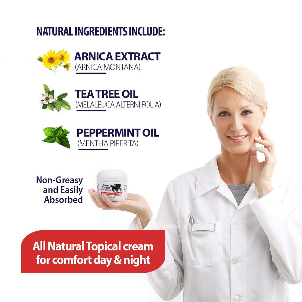 Smith Amish Foot Cream bottle with leg care scene highlights moisturizing benefits for dry skin