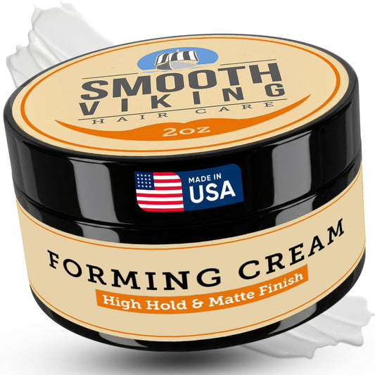 Smooth Viking Forming Cream bottle close-up; strong hold for all-day style.