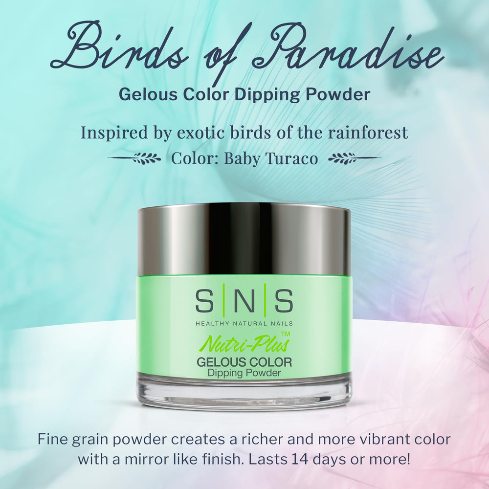 SNS Baby Turaco dip powder swatches reveal rich pigment and smooth texture.