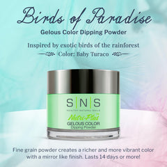 SNS Baby Turaco dip powder swatches reveal rich pigment and smooth texture.