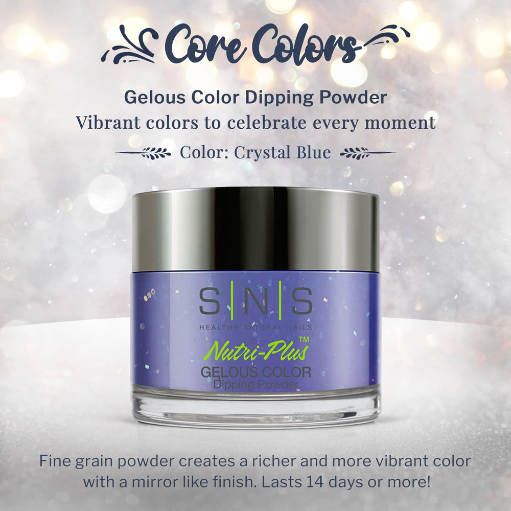 SNS Crystal Blue dip powder jar closeup showing glitter finish for eye-catching nails.