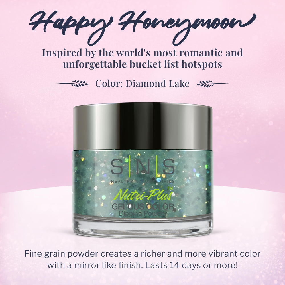 SNS Diamond Lake color swatch reveals green aqua glitter for vibrant nails.