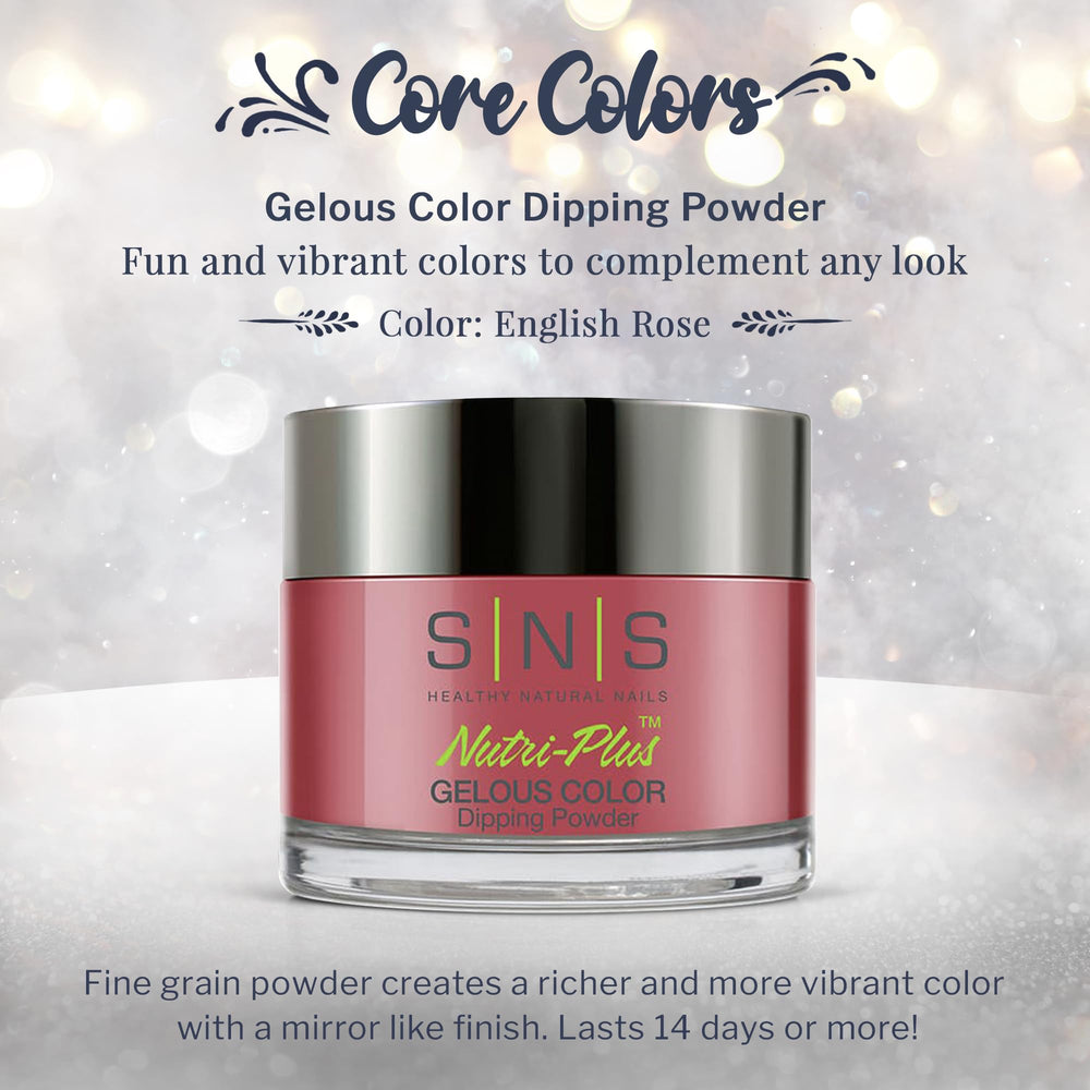 SNS English Rose dip powder swatches on nail illustrate rich color and depth.