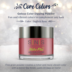 SNS English Rose dip powder swatches on nail illustrate rich color and depth.