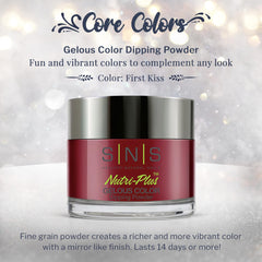 SNS First Kiss color swatches highlight wine, cranberry, and cream tones.