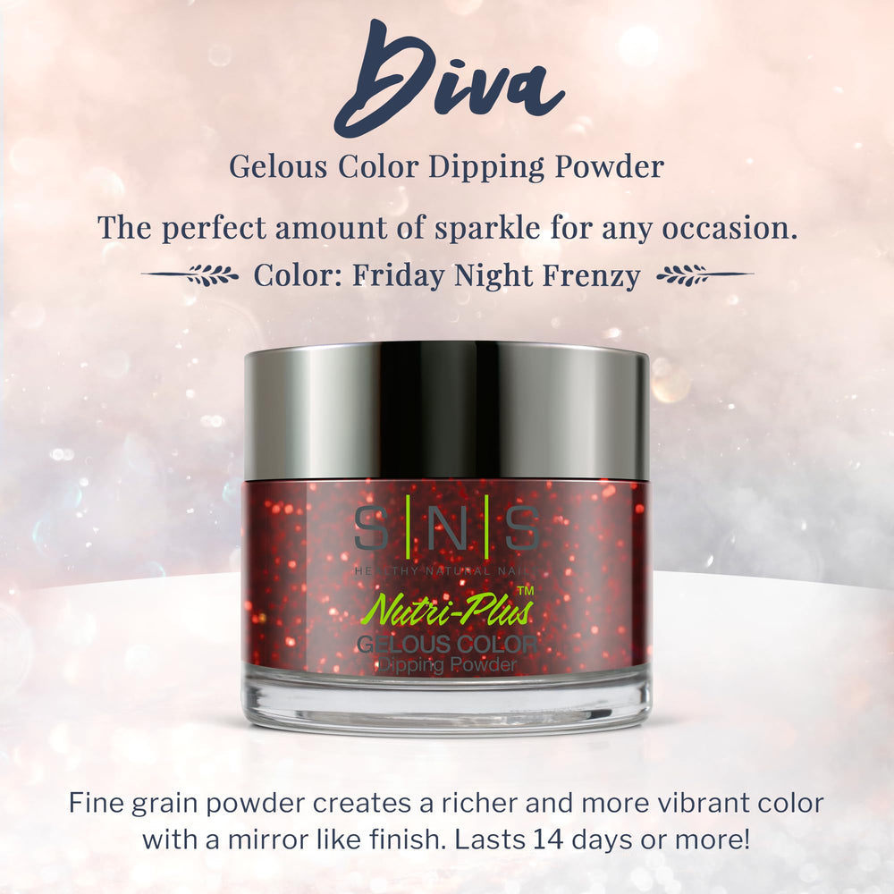 SNS Nail Dip Friday Night Frenzy metallic red shade for dramatic nails.